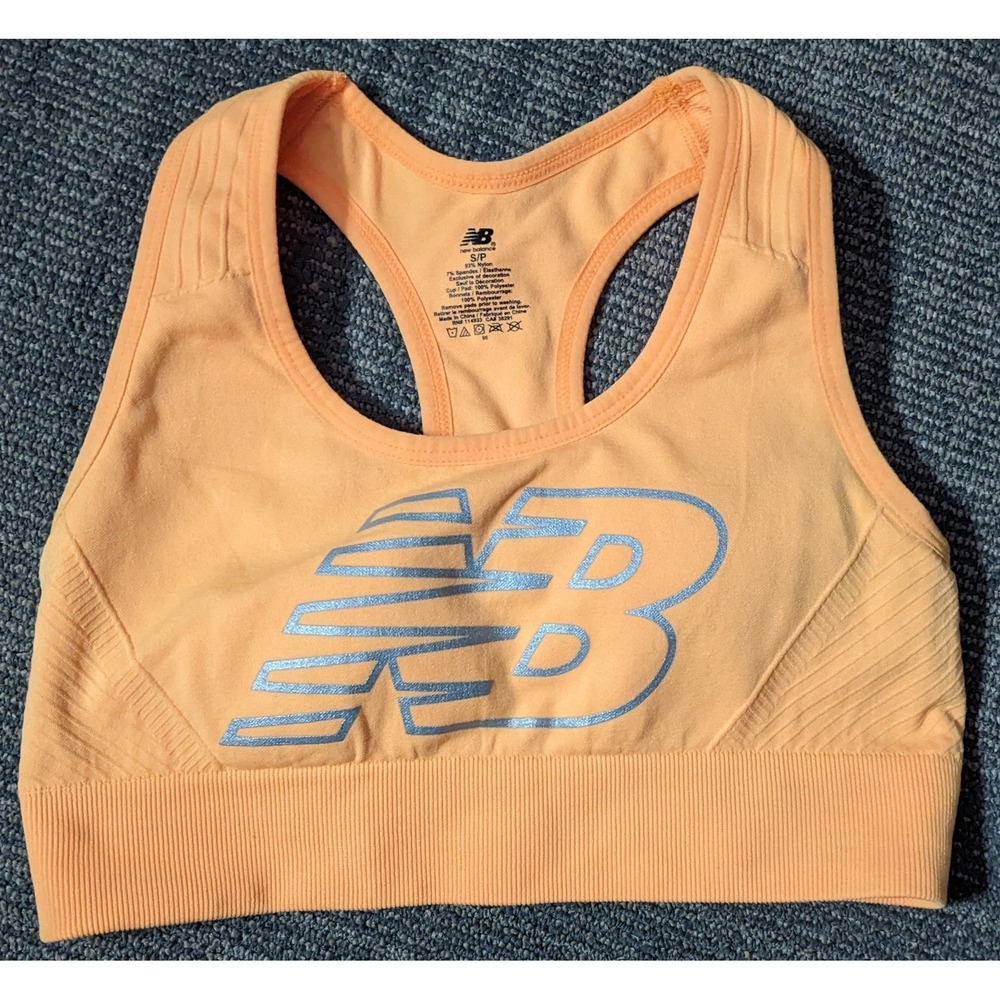 NEW BALANCE Sports Bra Medium Impact Orange Silver‎ Logo Small Racerback 114933